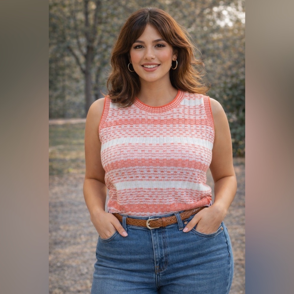*Vintage Coral and White Knit Sleeveless Top - plus size- NWT